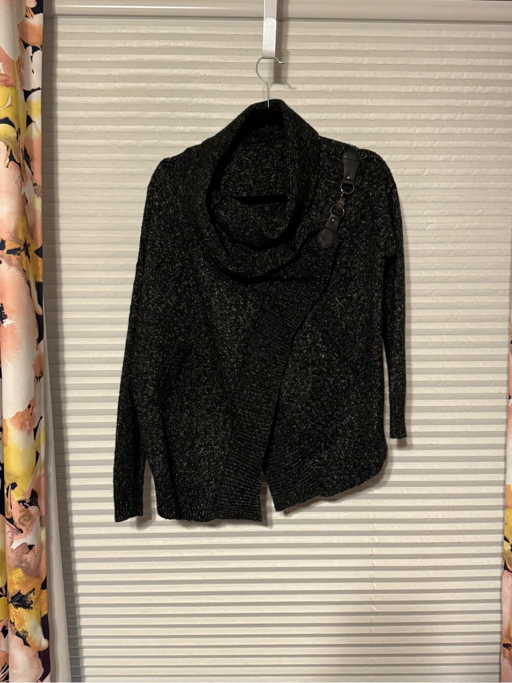 Black marbled Cowl-Neck Crossover Open-Front Cardigan with Buckle Strap